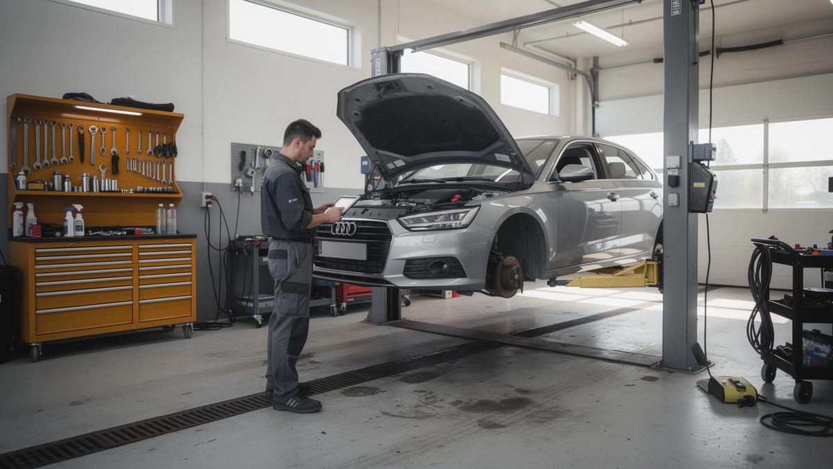 Technician running a diagnostic scan on a car raised in a workshop bay